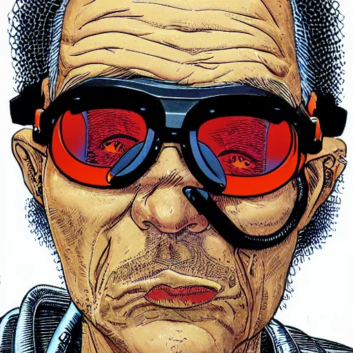 Image similar to close up portrait of a cyberpunk goth guy wearing goggles and eccentric jewelry, by geof darrow, geof darrow art,