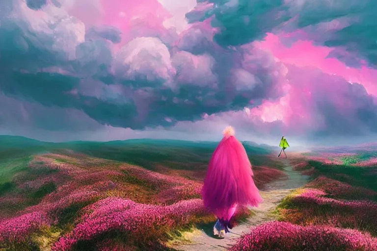 Prompt: giant dahlia flowers on head, girl walking on mountain, surreal photography, pink storm clouds, dramatic light, impressionist painting, digital painting, artstation, simon stalenhag