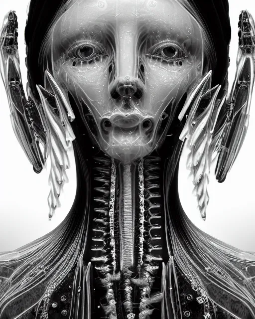 Image similar to mythical dreamy black and white organic translucent bio-mechanical spinal ribbed profile face portrait detail of icy mechanical beautiful female angelic-snow-cyborg, highly detailed, intricate crystal steampunk ornate, poetic, 3D render, digital art, octane render, 8K artistic photography, photo-realistic, by Dora Maar