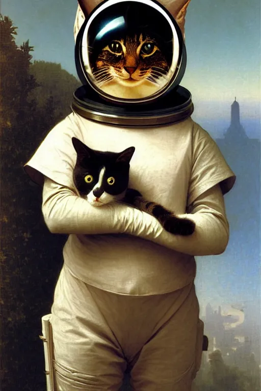 Image similar to portrait of a cat astronaut with armor and helmet, by bouguereau