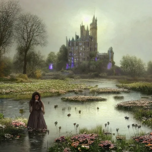 Prompt: Glittering jellyfish are flying over the sparkling pond, behind the flowers on the shore is a gothic castle, and an ice sculpture castle can be seen in the sky by appointment, by Daniel Ridgway Knights and Hugh Kretschmer, light through the mist, dramatic lighting, photorealistic, cinematic lighting, high detail, cinematic feel, high octane, 4K, Unreal Engine, digital render, intricate, ultra realistic, trending on artstation W 1024