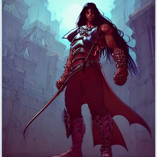 Image similar to cell shaded cartoon, a portrait of a fully armored evil warlock version of conan the barbarian, illustration, wide shot, subtle colors, concept art by josan gonzales and wlop, laurie greasley, jordan grimmer and james jean, highly detailed, sharp focus, trending on artstation, hq, deviantart, art by artgem