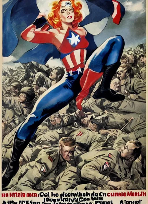 Image similar to beautiful female captain america standing on a pile of defeated german soldiers. feminist captain america wins wwii. american wwii propaganda poster by james gurney. anime. gorgeous face.