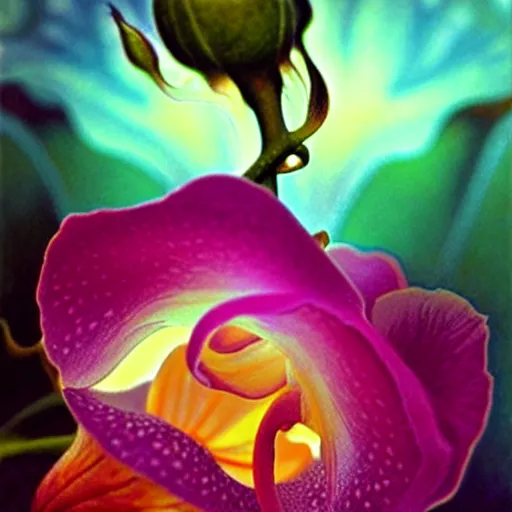 Prompt: detailed surreal orchid rose hybrid flower, lsd dew drops, backlit, sunset, refracted lighting, photorealistic, soft, sharp focus, art by collier, albert aublet, krenz cushart, artem demura, alphonse mucha