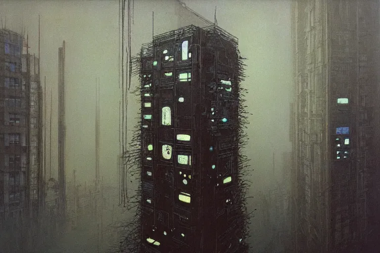 Image similar to cyberpunk, an estate agent listing photo, external view of a 1 bed flat in London, by Beksinski