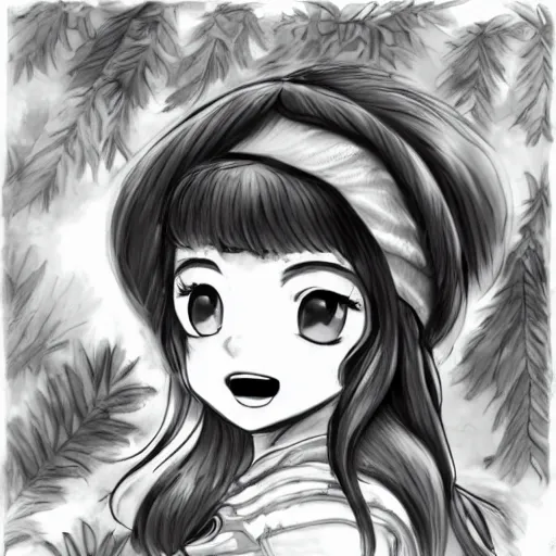 Image similar to a digital drawing of reimu in the jungle wearing bonnet
