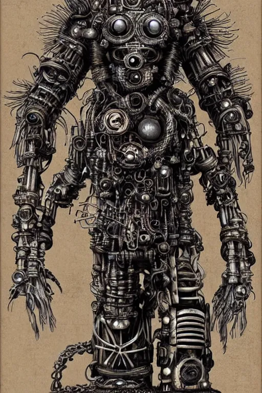 Prompt: wild monstorous anthropomorphic biomechanical bear shaman wearing steampunk artifacts. Have dreadlocks made of cables and wires. Upgraded with hightech cyberwares. huge, big, giant bear human hybrid, mecha animal, tall, very detailed woodcut armor, terrifying and dangerous, scary, beautiful, steampunk monster android hybrid art portrait, matte scifi fantasy painting, half robot half bear. Fullbody, Centered uncut. Focus on face 50px margins on every side.. DeviantArt Artstation, by Igor Goryunov, featuring Jason Felix, Steve Argyle, Tyler Jacobson and Peter Mohrbacher, cinematic lighting