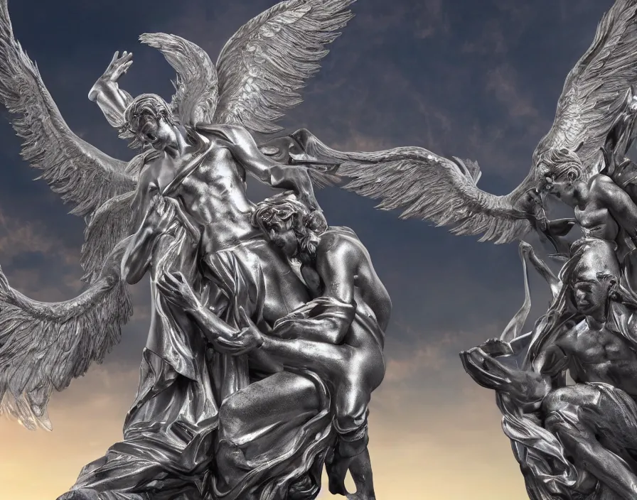 Image similar to silver statue of god and lucifer, beautiful texture, beautiful graphics, fantasy artwork, very beautiful scenery, hd, hdr, ue 5, ue 6, unreal engine 5, cinematic 4 k wallpaper, 8 k, ultra detailed