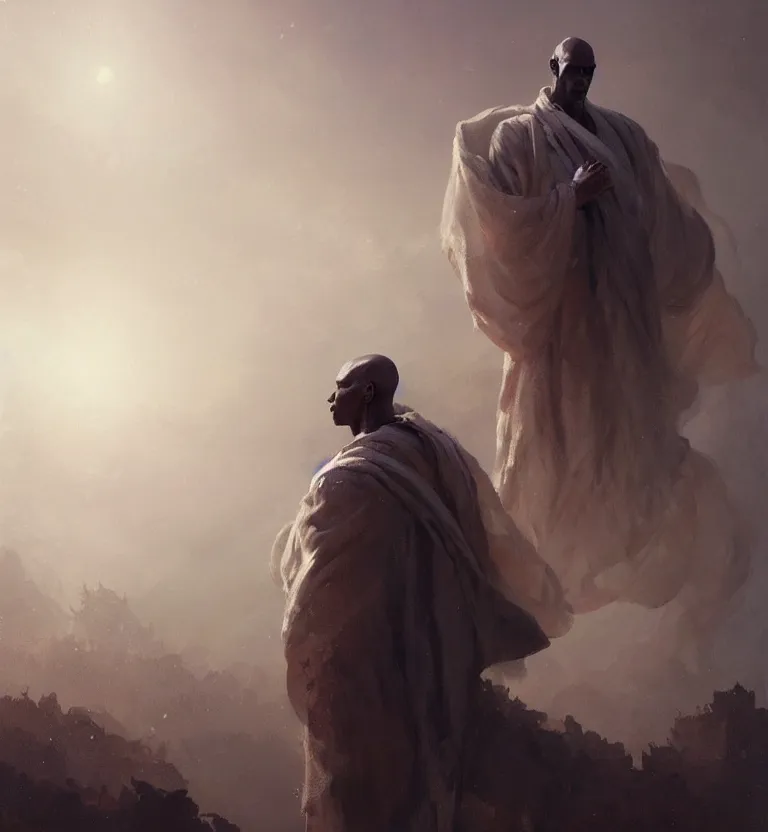 Image similar to painting of a bald tall dark - skinned man wearing a flowing robe overlooking the earth, nature, eyes closed, greg rutkowski, ruan jia, trending on artstation, detailed digital art