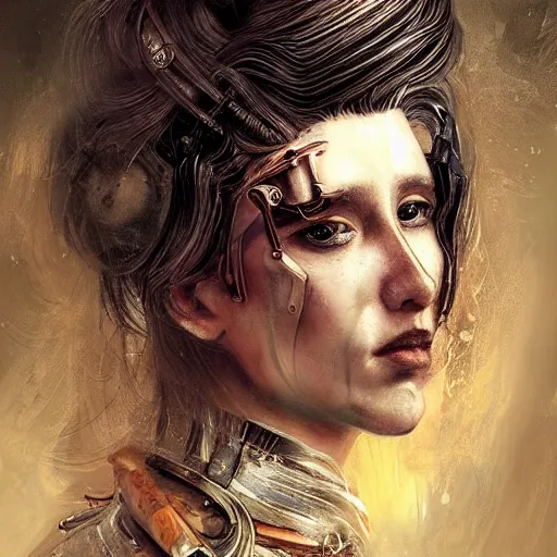 Image similar to portrait, headshot, insanely nice professional hair style, dramatic hair color, digital painting, of a old 17th century, old cyborg merchant, amber jewels, baroque, ornate clothing, scifi, realistic, hyperdetailed, chiaroscuro, concept art, art by Franz Hals and Jon Foster and Ayami Kojima and Amano and Karol Bak,