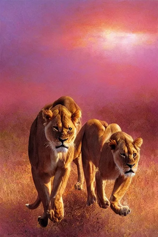 Prompt: spiritual twin flame lioness walking around art, pink sunset hue, highly detailed, oil painting hue, by craig mullins