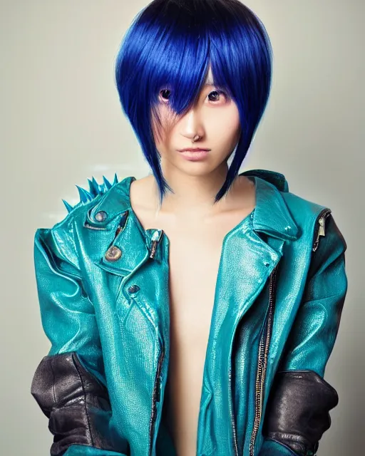 Image similar to Hyper realistic Portrait of a beautiful Japanese Cyberpunk girl, glowing teal hair bob haircut, bangs, Spiked blue leather jacket