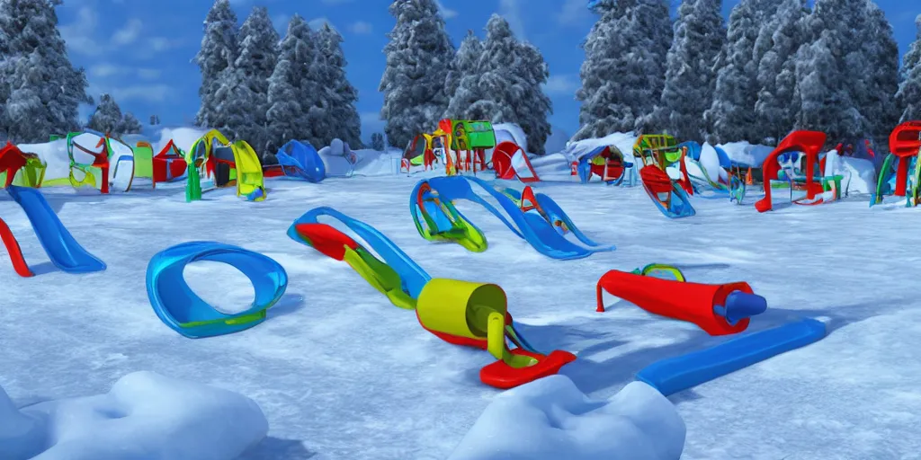 Image similar to snow fun park, sledge, cartoon style, 4 k,