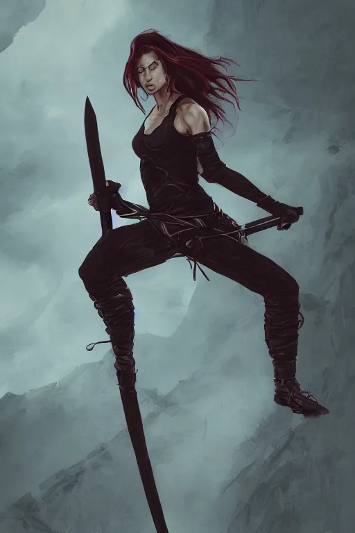 Image similar to female ninja warrior, dark clothes, wielding katana, wind in the hair, overcast weather, digital concept art, heavily detailed, realistic, ariel perez, trending on artstation