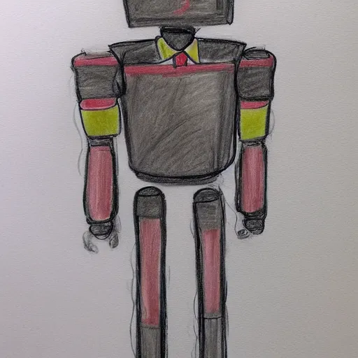 Prompt: humanoid robot testifying on stand in courtroom, courtroom sketch, messy color pencil sketch, droid