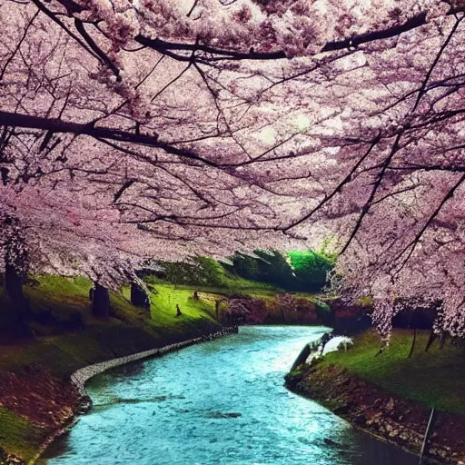 Image similar to photo of cherry blossom tree along a river, cinematic, beautiful, high detail, instagram,