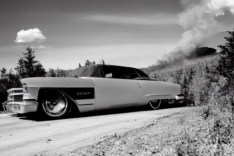 Image similar to Chevrolet Cadillac rolling down a mountain engulfed in flames, wide shot, 120 black and whit film