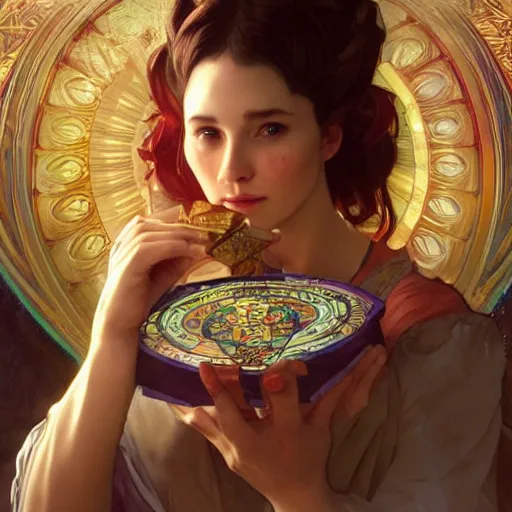 Image similar to a fortune teller holding a wrapped birthday gift with a confused look on their face, art by artgerm and greg rutkowski and alphonse mucha, concept art, octane render, unreal engine 5, highly detailed, high quality, 8 k, soft lighting, realistic face, path traced