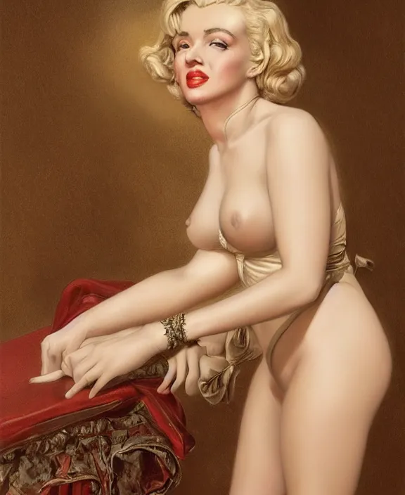 Image similar to a detailed hyperrealistic renaissance angel marilyn monroe wearing an a intricate beautiful thick leather garters set, honey birdette, realistic renaissance portrait, highly detailed, digital painting, artstation, concept art, smooth, sharp focus, cinematic lighting, art by artgerm and wlop and jules joseph lefebvre and john maler collier, ilya kuvshinov