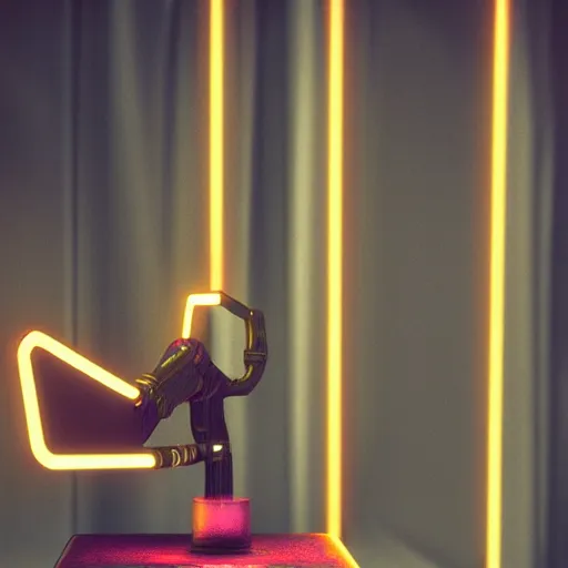 Image similar to cyberpunk red neon arm prostetic on an iron table, octane render, 3D, hard backlight, bokeh, !!!award-winning!!!