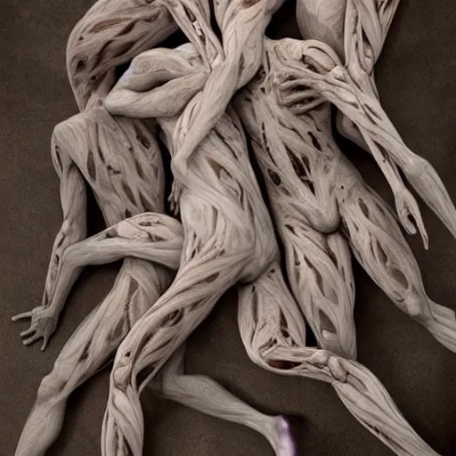 Image similar to dmt bodies. Mesh of human figures intertwined. earthen colors. Beautiful, realistic, extremely anatomical marble sculptures. Disturbing scene. Tangled human forms. A sea of bodies sculpted by August Rodine.