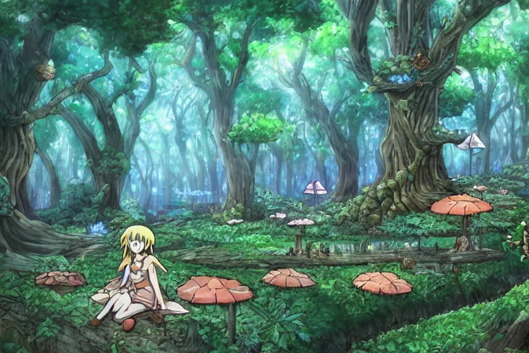 Image similar to fairy kingdom forest, cellshaded, nausicaa anime style