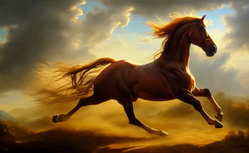 Image similar to a masterpiece oil painting of a proud horse galloping. wide angle, fantasy art, alex ross, heroic lighting, very very very beautiful raytraced rendering, volumetric fog