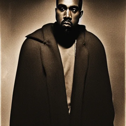 Image similar to a chiaroscuro lighting portrait of kanye west dressed in rick owens clothing, black background, portrait by julia margaret cameron, shallow depth of field, 8 0 mm, f 1. 8