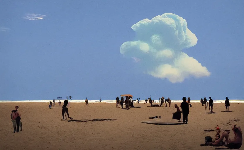 Image similar to sunny day at the beach blue sky nuclear mushroom cloud on the horizon and few people watching it war apocalyptic photorealistic