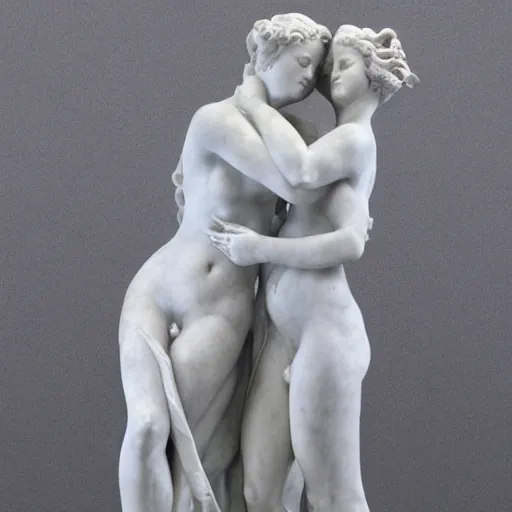 Image similar to sculpture of venus de milo and aphrodite hugging each other, hyperrealistic style in carrara marble