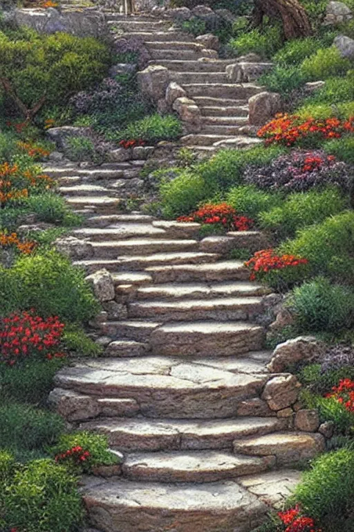 Prompt: stone steps fantasy landscape by james gurney