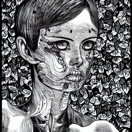 Image similar to a lush vine covered portrait by junji ito