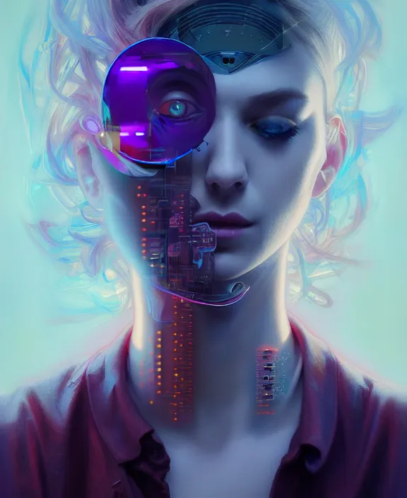 Image similar to a whirlwind inside the metaverse, male, hologram, half body, neurochip, shaved temple, piercing, jewelry, android, cyborg, cyberpunk face, by loish, d & d, fantasy, intricate, elegant, highly detailed, colorful, digital painting, artstation, concept art, art by artgerm and greg rutkowski and alphonse mucha