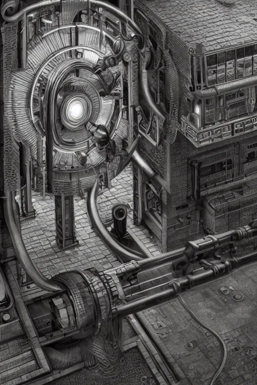 Image similar to strange retro sci - fi quantum teleportation gizmo, thingamajig. steampunk, dieselpunk techno - magical engine vray cryengine hyperrealism photorealistic hyperdetailed by edward hopper, mc escher and hr giger.