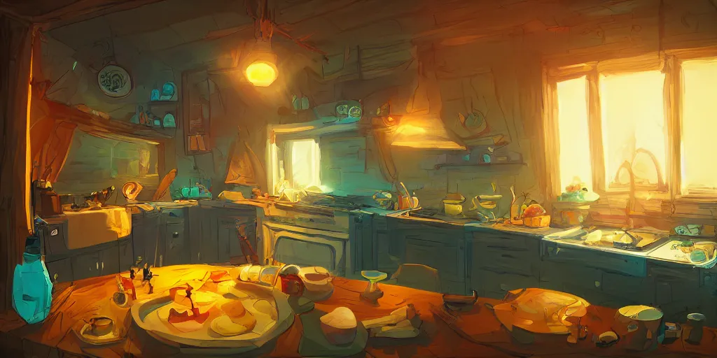 Image similar to epic illustration fisheye lens of a wooden kitchen dim lit by 1 candle in a scenic environment by Anton Fadeev and Steve Purcel and Peter Chan