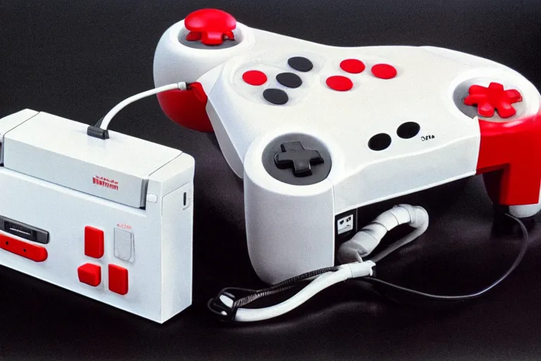 Prompt: The Nintendo Pain System (NPS) console with electrodes and controller, 1989