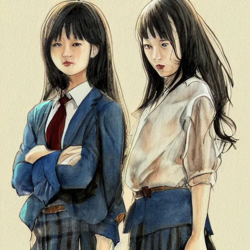 Image similar to a perfect, realistic professional digital sketch of two Japanese schoolgirls posing, in style of Marvel, full length, by pen and watercolor, by a professional American senior artist on ArtStation, a high-quality hollywood-style sketch, on high-quality paper