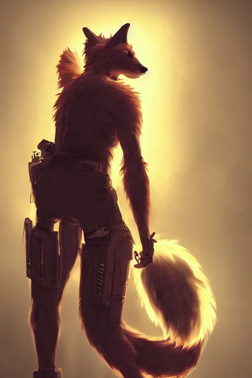 Prompt: an anthropomorphic cyberpunk fox with a fluffy tail, backlighting, trending on artstation, digital art, furry art, trending on furaffinity, fantasy art, by kawacy, view from behind