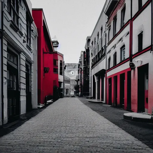 Prompt: a city street where the only color visible is red