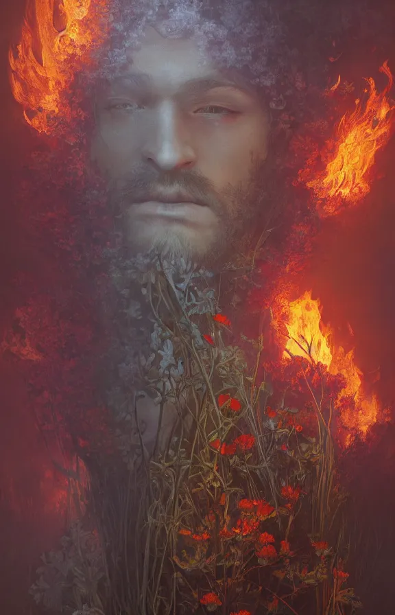 Image similar to portrait of a knight among flowers in dark forest surrounded by fire and smoke, moody, rim light, dynamic lighting, cinematic shot, gritty, ultra - detail, renderman, physically based render, jean delville, gustave dore and marco mazzoni