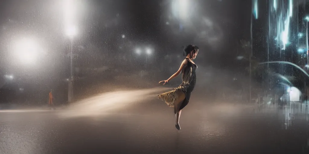 Image similar to slow motion with trail effect of futuristic break dancer wearing floating long dress, long exposure shot , at night in the middle of a rainy street, paddle of water, steam, fog, water splashes, rim lights, glossy reflections, water droplets on lens, octane render, dark and dramatic, explosion in the background, detailed and soft, fisheye