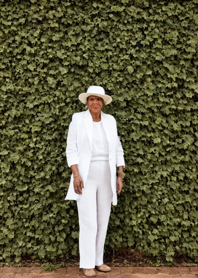 Prompt: portrait photo of a woman in her fifties wearing a white linen trouser suit and panama hat, standing in front of an ivy wall, 8 5 mm f / 1. 8, bokeh, backlit