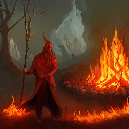 Image similar to male witch stands on a fire burning pyre, surrounded by flames, artstation