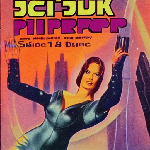 Prompt: book cover of a sci-fi pulp paperback from the 1970s.