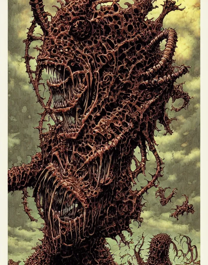 Image similar to ancient biomech doomhost monster, inescapable bane of cowards, the dreaded by junji ito, norman rockwell, doug chiang, dan mumford