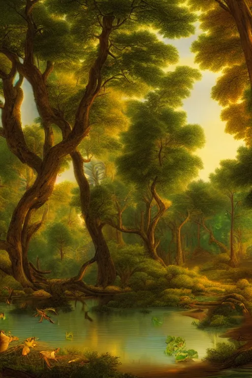 Image similar to forest with twisting fantasy tress and pond with birds, Digital Matte Illustration by asher brown durand