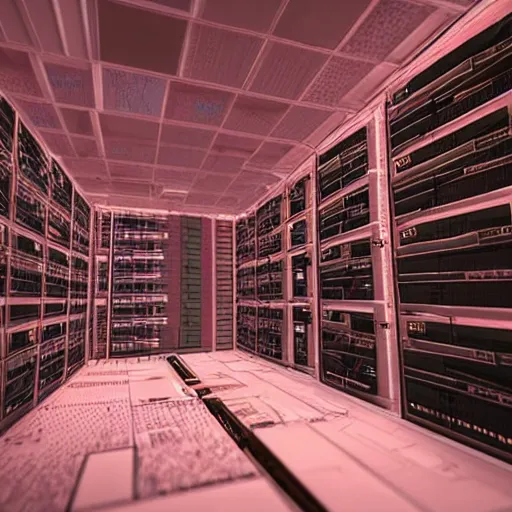 Prompt: “looking out over a 3D model of a cyberpunk city. Scene rendered inside of a large server room. The computer servers are actually the buildings in the city.”