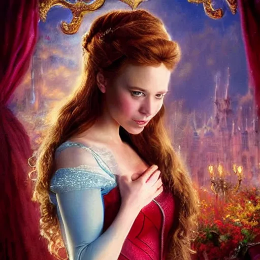 Prompt: realistic portrait charming beautiful painting from Cinderella film scene, when Cinderella become Bloody Scarlet Witch . Horror, created by Thomas Kinkade.