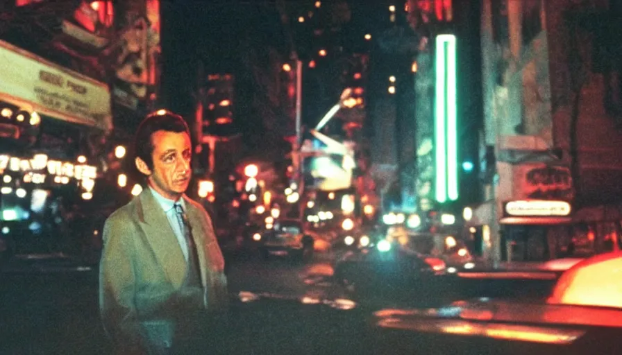 Image similar to 70s movie still of one Nicolas Sarkozy with cocaine , cinestill 800t 18mm heavy grain, cinematic, dramatic dark lighning, brooklyn neon boards