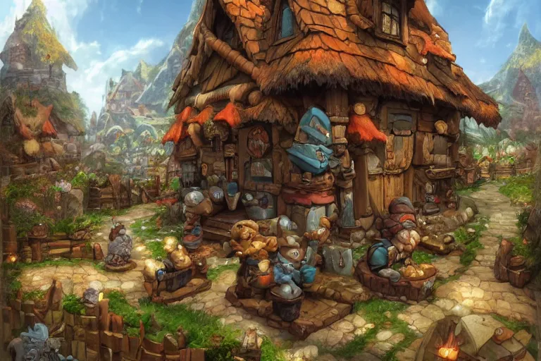 Image similar to dwarf cozy fantasy village street view by artgerm and Craig Mullins, James Jean, Andrey Ryabovichev, Mark Simonetti and Peter Morbacher 16k